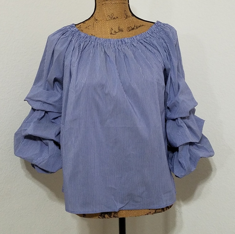 Blue and white 3 tier puffy sleeve top tunic stretchy neckline S/M boho 70s vibe - Picture 1 of 6